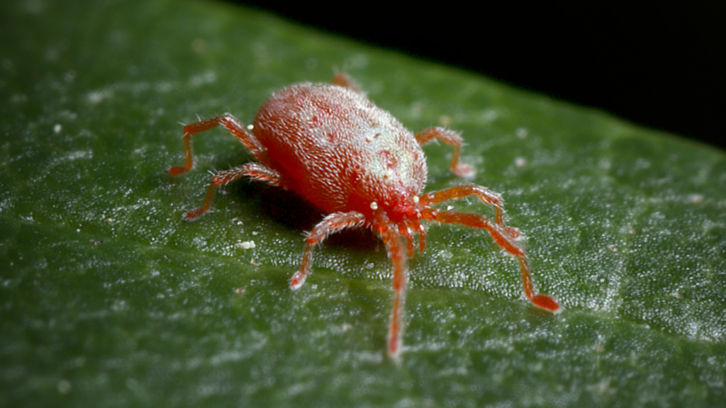 A close-up of a red spider mite crawling on a green leaf.